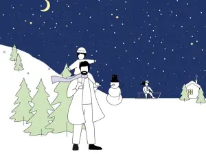 Illustration einer Schneelandschaft mit einem Vater und seinen zwei Kindern