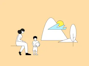 Illustratiion einer Frau, die müde auf etwas sitzt, daneben steht ein Kind.