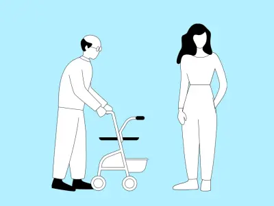 Pflege: Illustration einer Frau, die neben einem Mann mit Rollator steht