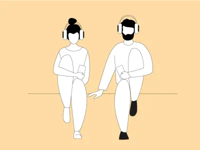 Illustration zweier Menschen die Kopfhörer tragen und nebeneinander sitzen