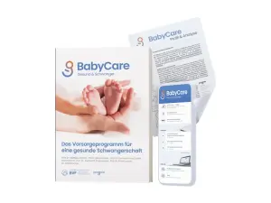 Ansicht der BabyCare-App, des Handbuchs und Fragebogens