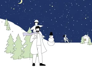 Illustration einer Schneelandschaft mit einem Vater und seinen zwei Kindern