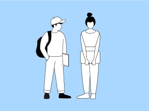 Illustration einer Frau und eines Mannes mit Laptop und Rucksack