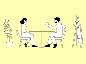Illustration von Frau und Mann die sich am Tisch unterhalten