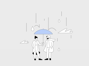 Illustration: Mann und Frau unter einem Regenschirm im Regen