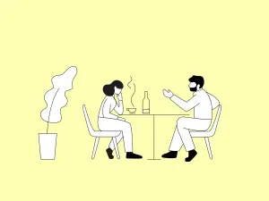 Illustration eines Paares die am Tisch sitzen und diskutieren