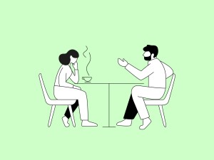 Illustration von einer Frau und einem Mann gemeinsam am Tisch